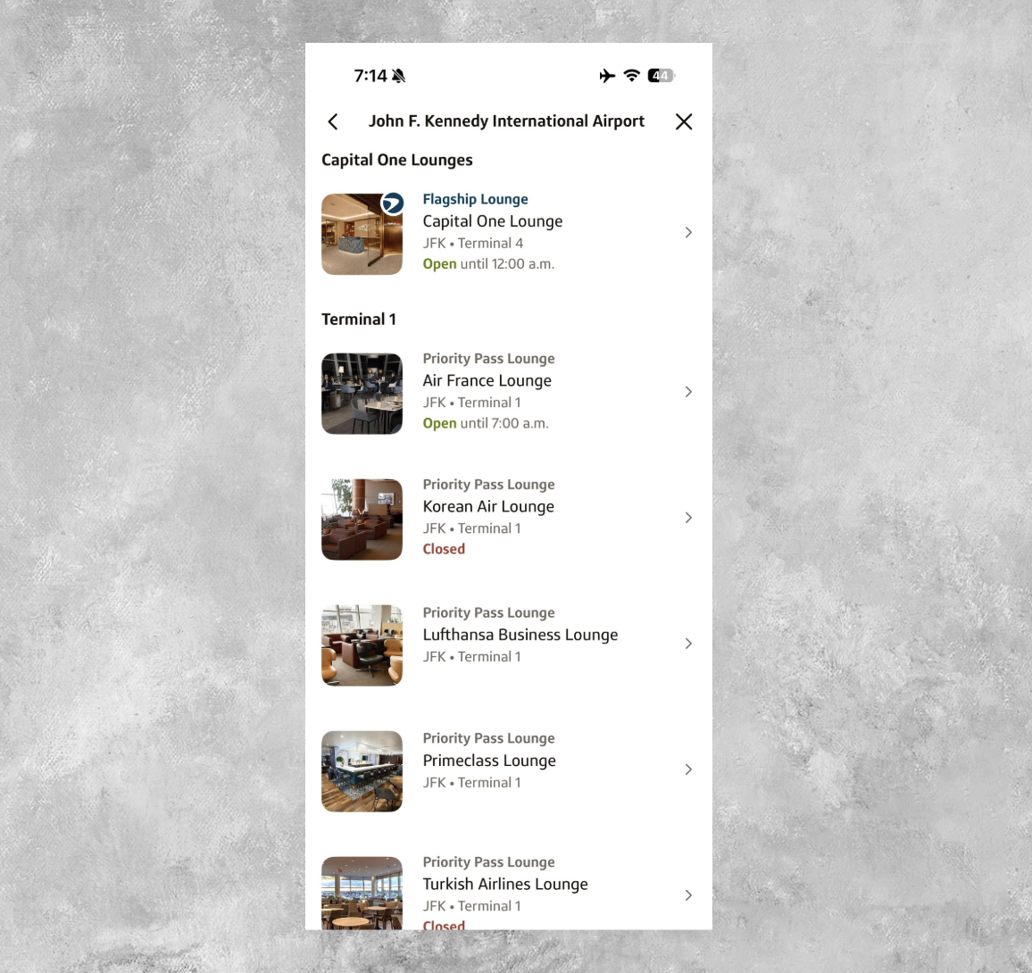 Capital One Travel app lounge finder screen.