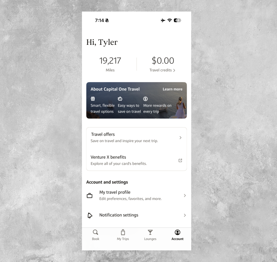 Capital One Travel app balances screen.