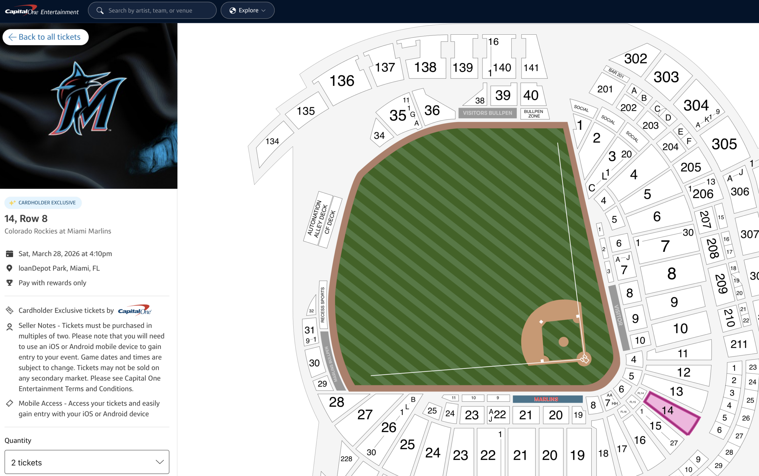 Capital One Entertainment Marlins tickets for 5k Capital One miles.