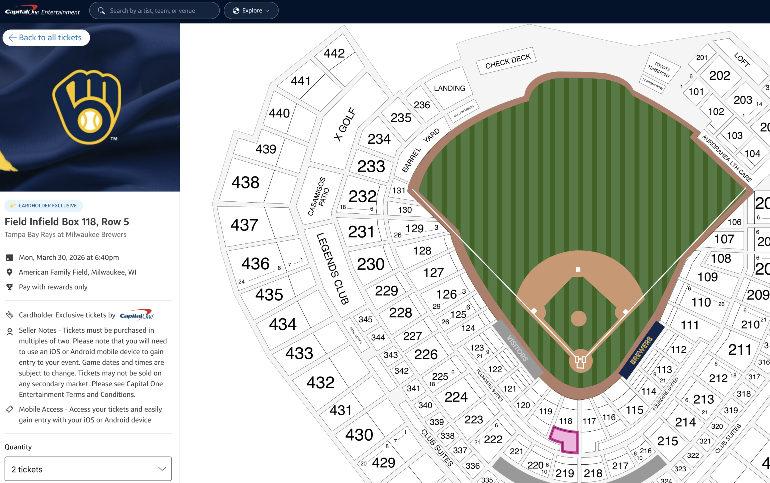 Capital One Entertainment Brewers tickets for 5k Capital One miles.