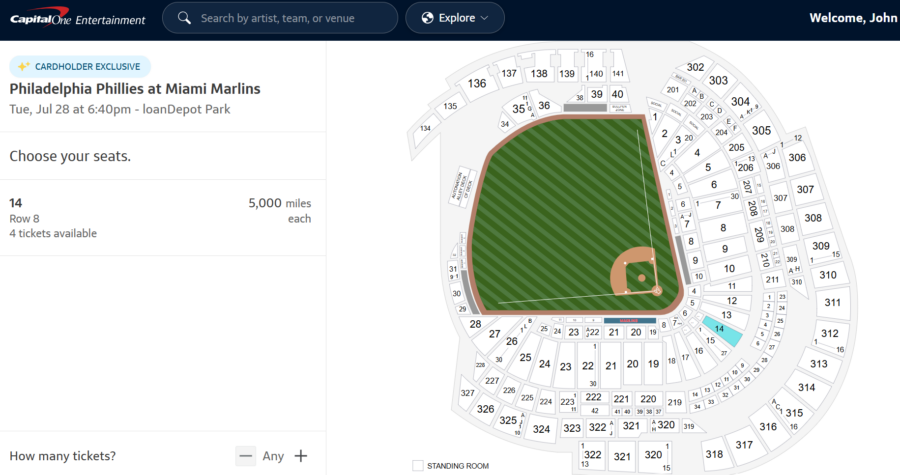Capital One Entertainment Marlins tickets for 5k Capital One miles.