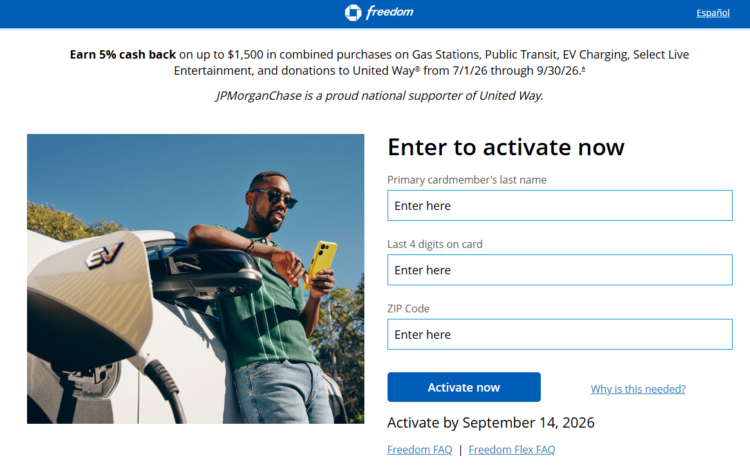 Chase Freedom 5% rotating categories activation page