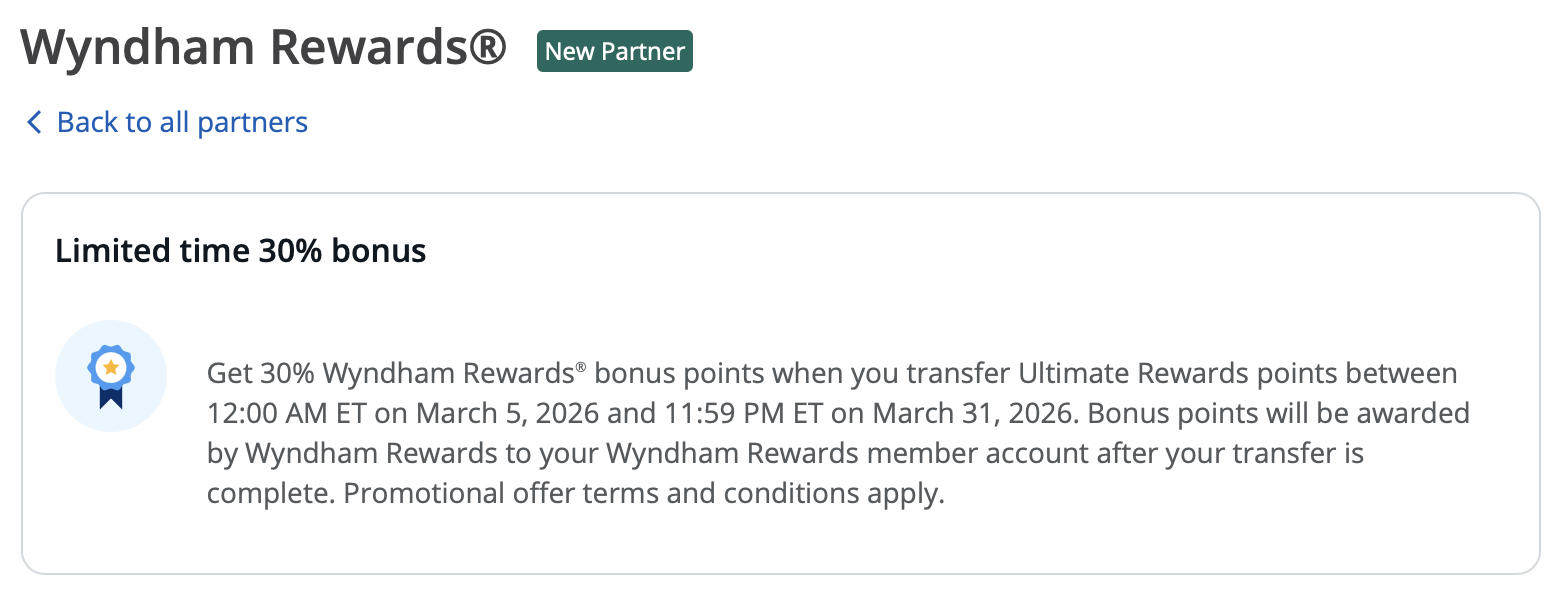 Screenshot of Chase Ultimate Rewards Wyndham transfer bonus.