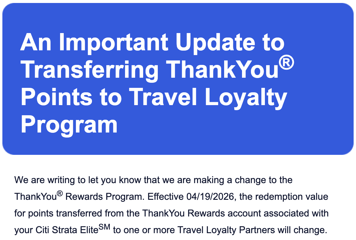 Screenshot of email from Citi ThankYou regarding transfer ratio devaluation.