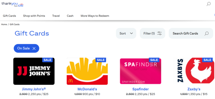 Screenshot of Citi ThankYou gift cards on sale
