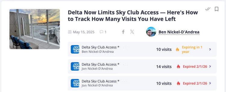 Screenshot of AwardWallet Learn showing remaining Delta Sky Club Visits