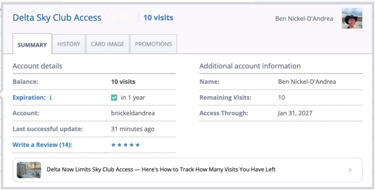 Screenshot of AwardWallet account showing remaining Delta Sky Club Visits
