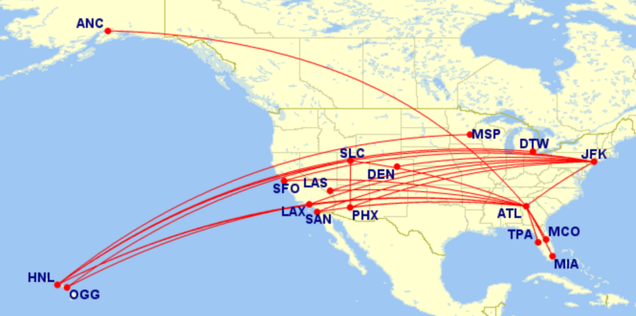 Map of all Delta domestic lay-flat routes for May 2026