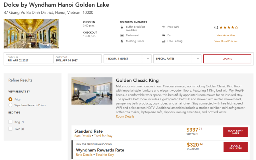 Wyndham booking at Dolce by Wyndham Hanoi Golden Lake