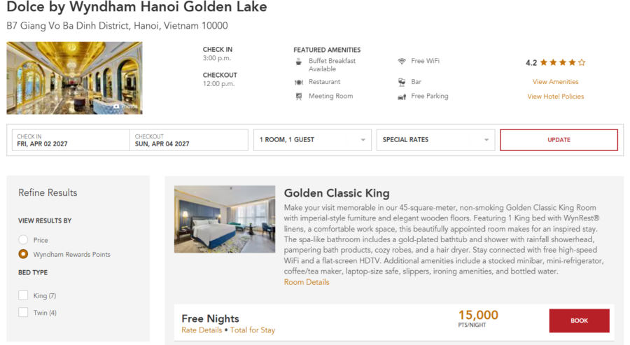 Wyndham award booking at Dolce by Wyndham Hanoi Golden Lake