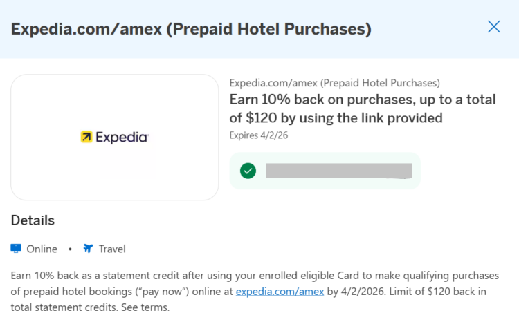 Expedia.com/Amex Amex Offer details