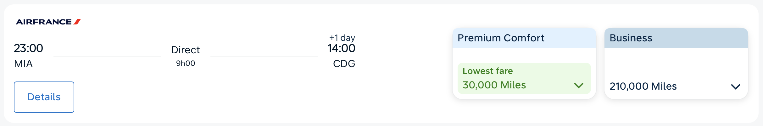 Flying Blue premium economy award example from MIA to CDG.