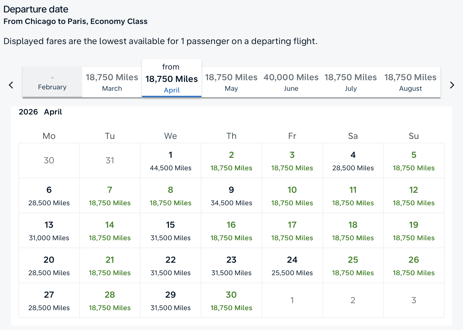 Flying Blue award calendar for ORD to CDG