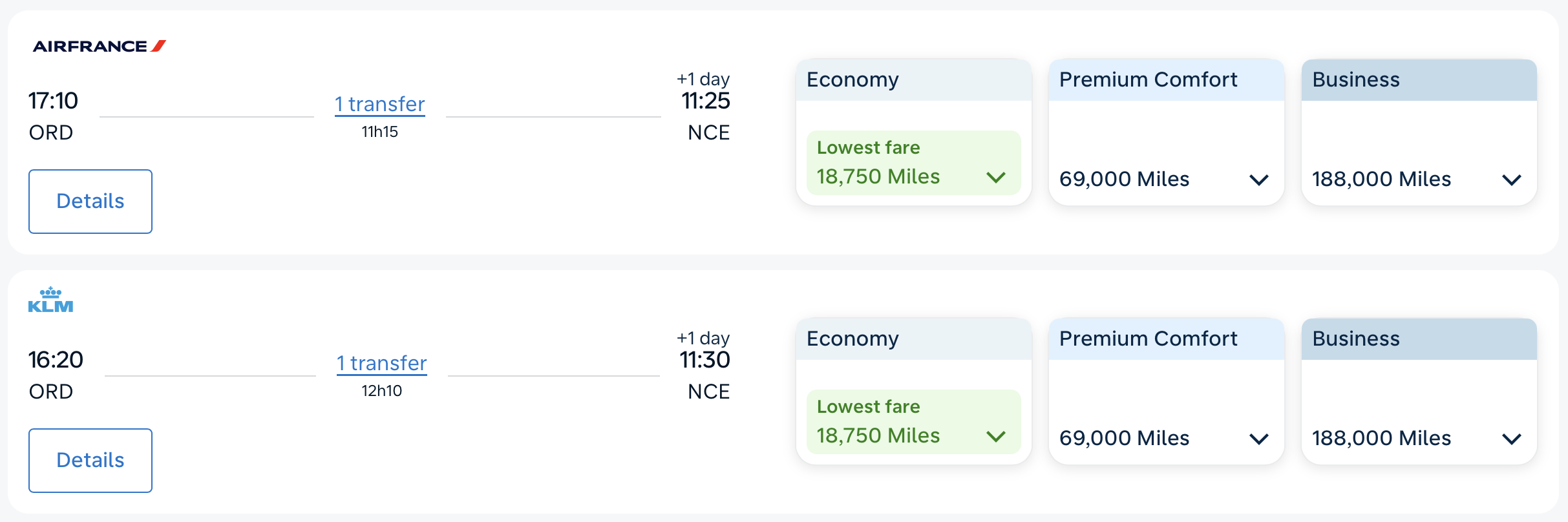 Flying Blue award example from ORD to NCE.