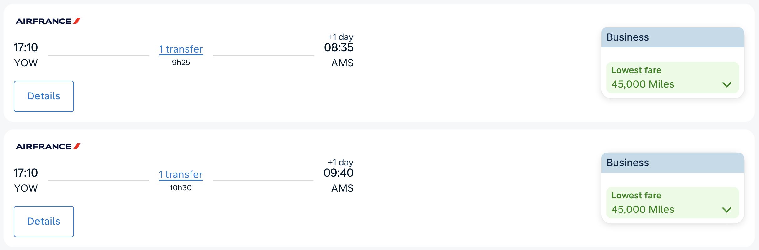 Flying Blue business class award example from YOW to AMS.