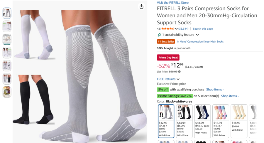 Screenshot of Amazon page for a three-pack of compression socks