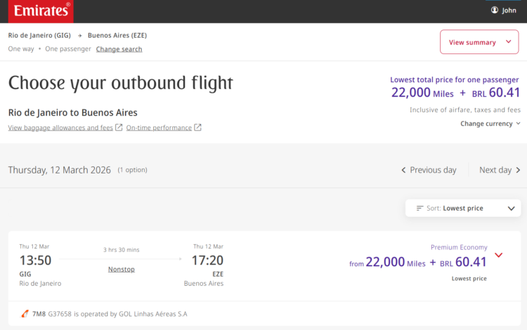 Screenshot of Emirates partner award on GOL from Rio to Buenos Aires