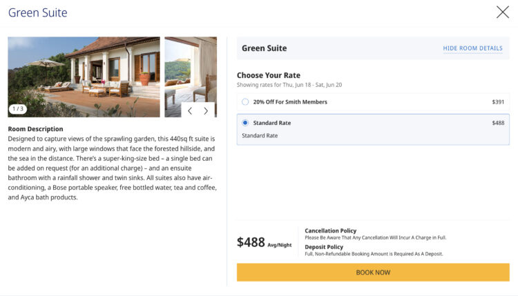 Screenshot of Hyatt's website showing a Mr & Mrs Smith booking using cash