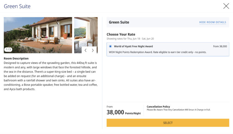 Screenshot of Hyatt's website showing a Mr & Mrs Smith booking with points