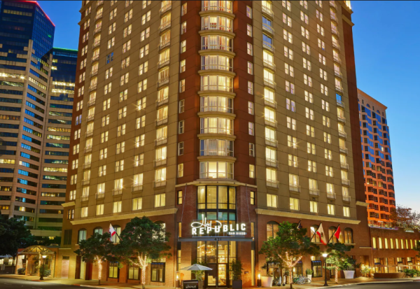 The front entrance to the Hotel Republic in San Diego.
