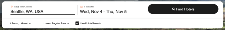 Screenshot of Marriott's website showing a simple hotel search using points
