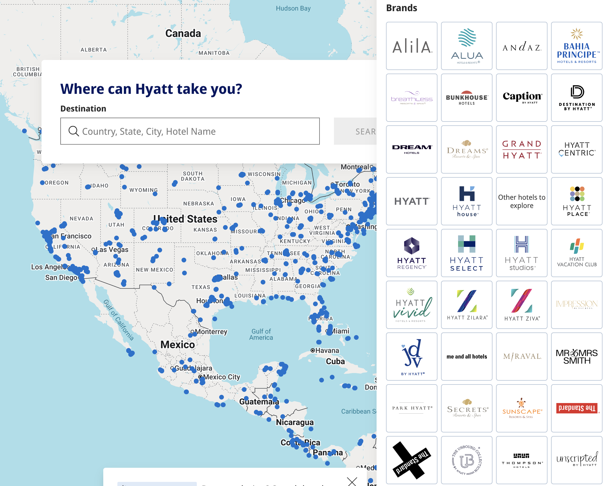 Screenshot of World of Hyatt brand map