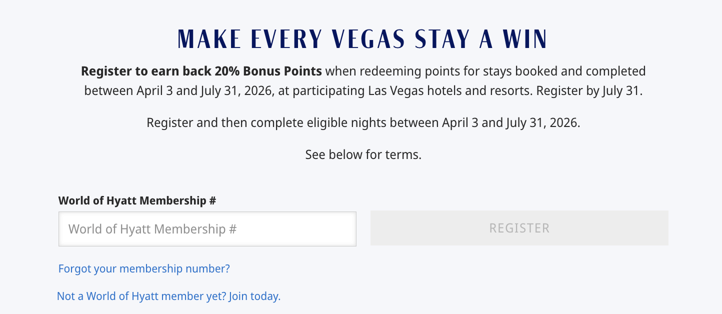 Screenshot of Hyatt Las Vegas points rebate promo.
