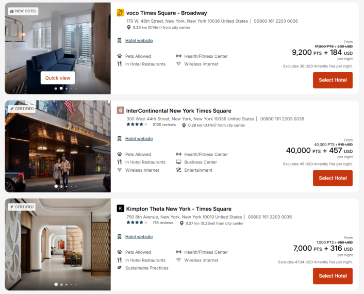 IHG award search results for New York City showing IHG Points and Cash discount