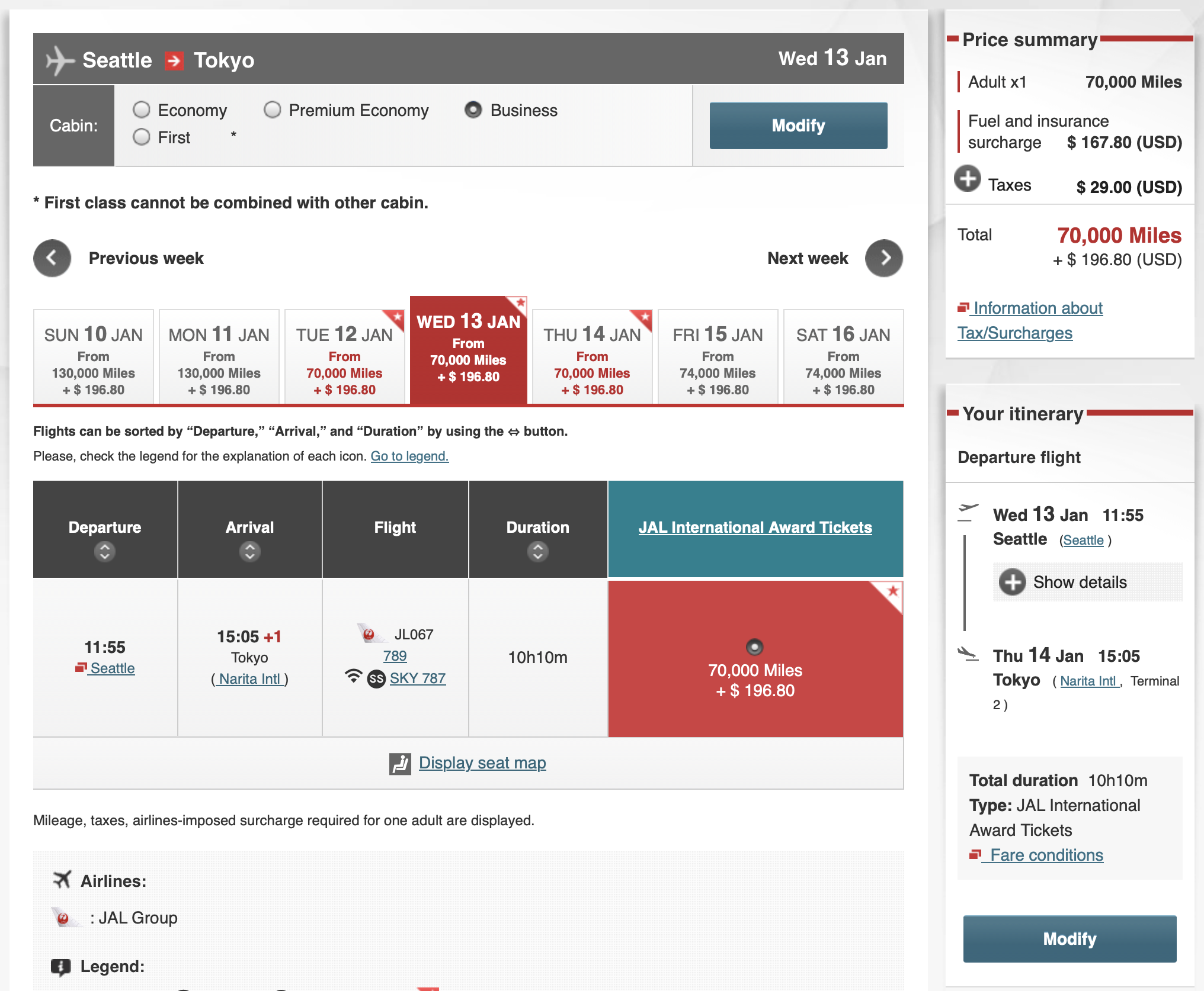 Japan Airlines Mileage Bank award from SEA to NRT.