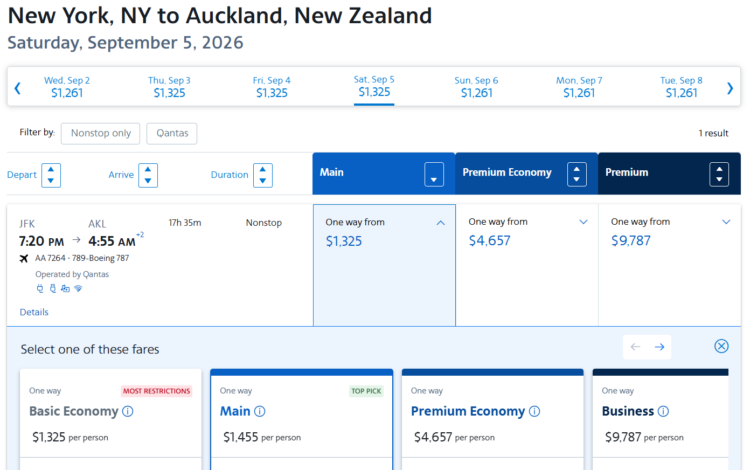 Screenshot of American Airlines cash search results from New York to Auckland