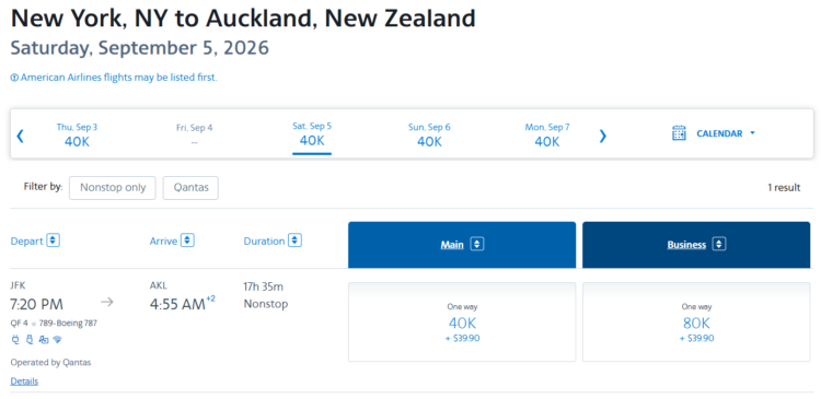Screenshot of AAdvantage award search results from New York to Auckland for 40,000 AAdvantage miles one-way