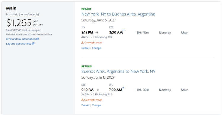 Screenshot of American Airlines cash booking search results from New York to Buenos Aires for $1,265 round-trip