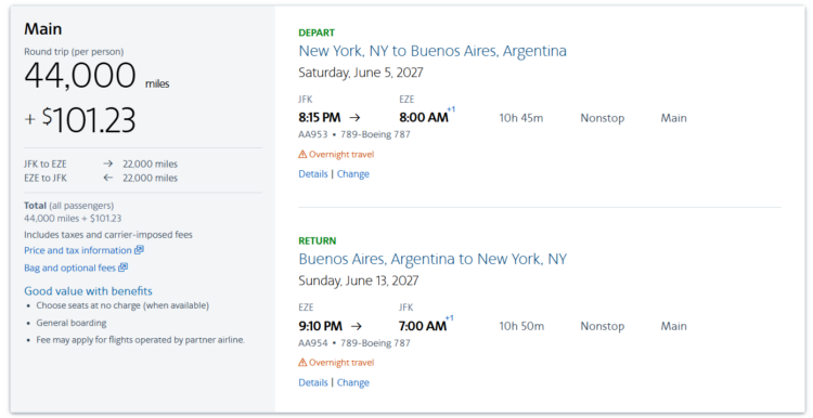 Screenshot of AAdvantage award search results from New York to Buenos Aires for 44,000 AAdvantage miles