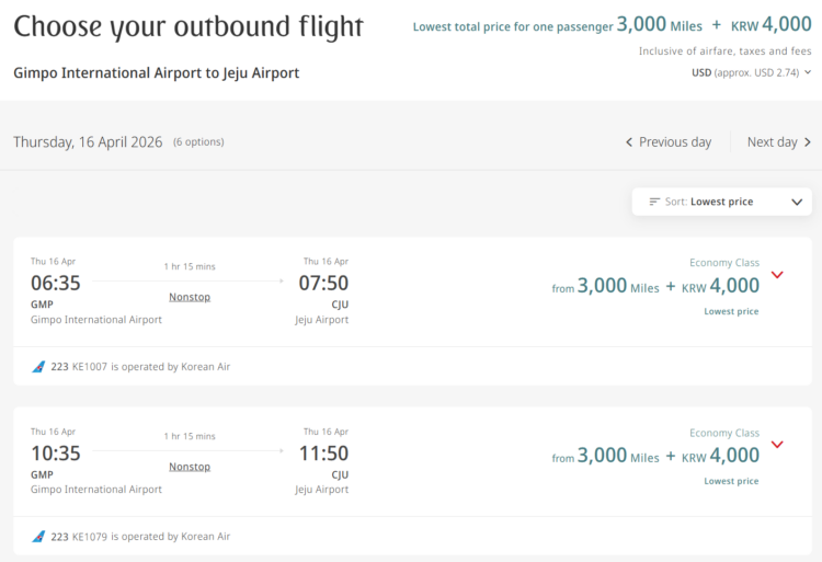 Screenshot of Emirates partner award on Korean Airlines from Seoul Gimpo to Jeju
