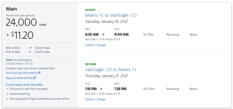 Screenshot of AAdvantage mileage award from Miami to Vail