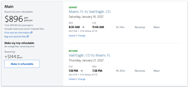 Screenshot of American Airlines cash rates from Miami to Vail
