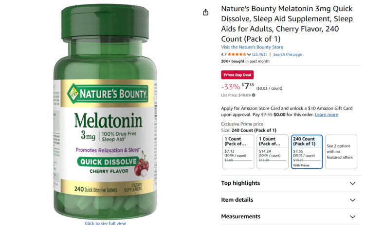 Natures Bounty melatonin discounted for Amazon Prime Day