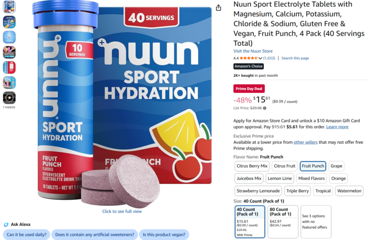 Screenshot of Amazon page for a four-pack of Nuun tablets discounted for Amazon Prime Day