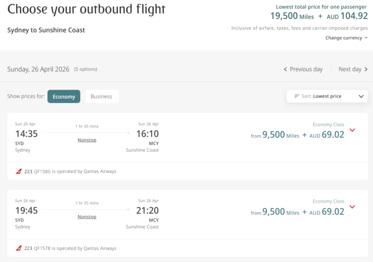 Screenshot of Emirates partner award on Qantas from Sydney to Sunshine Coast