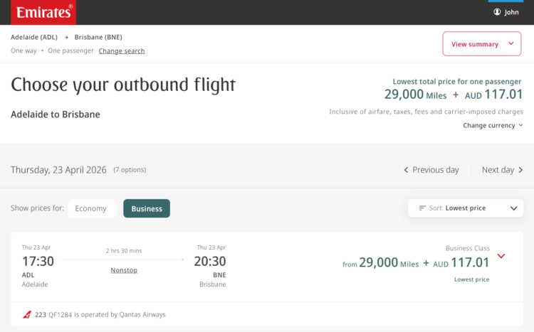 Screenshot of Emirates partner award on Qantas from Adelaide to Brisbane