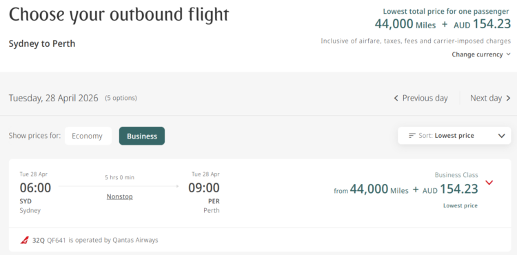 Screenshot of Emirates partner award on Qantas from Sydney to Perth