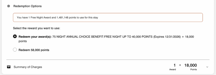Screenshot of Marriott's website showing a free night redemption plus top off amount