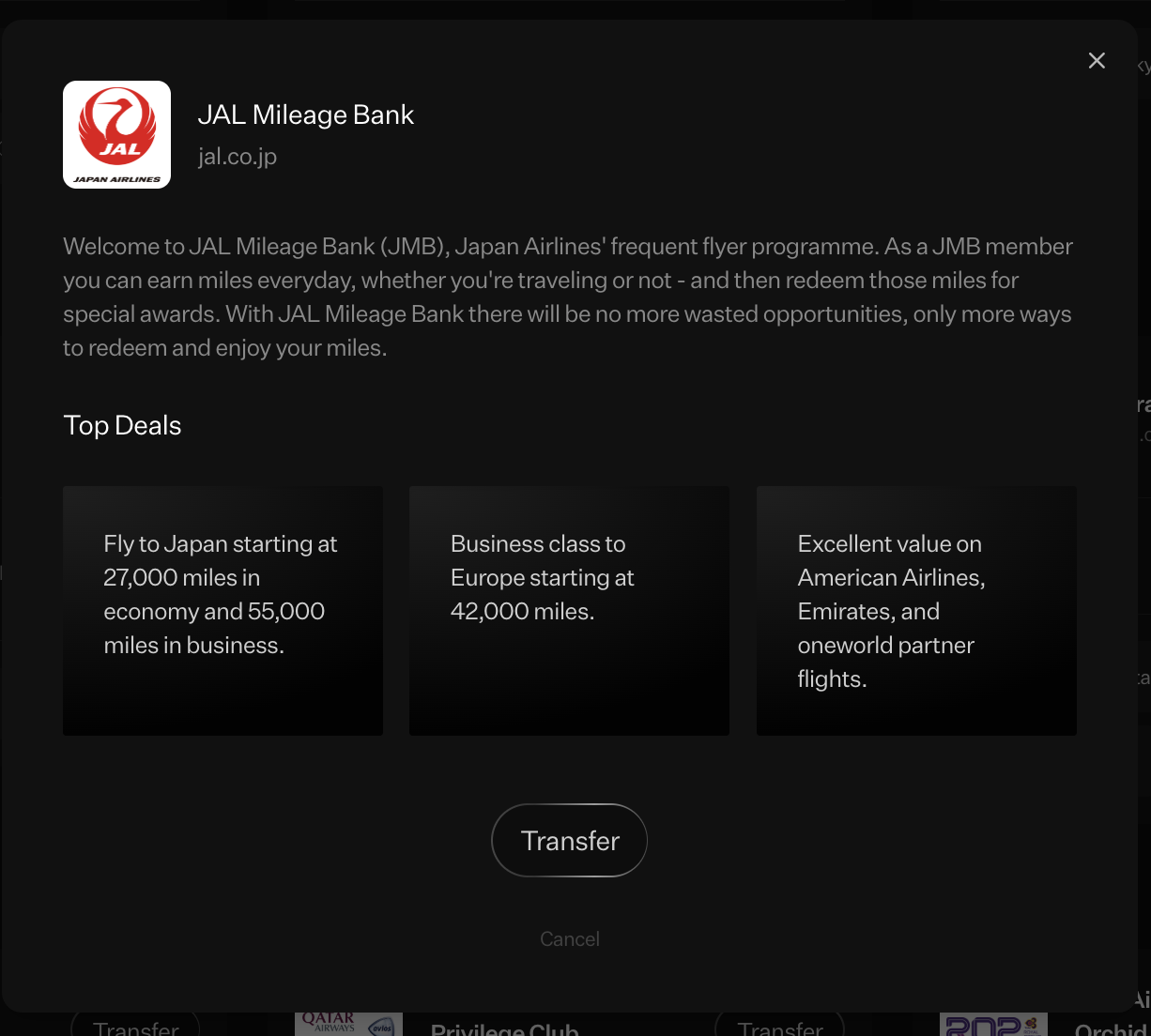 Transfer Rove Miles to JAL Mileage Bank