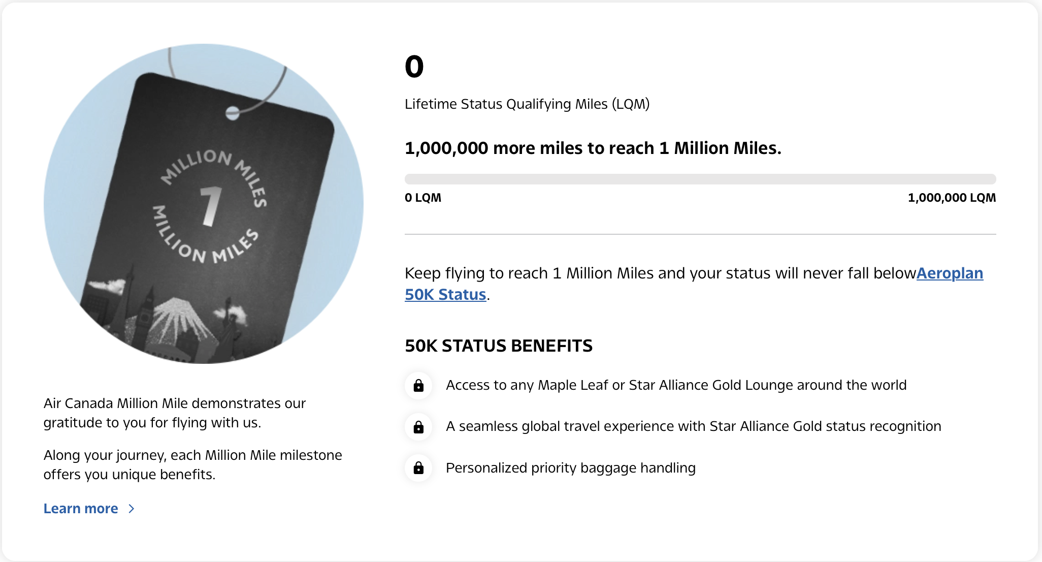 Screenshot of Air Canada Million Mile tracker
