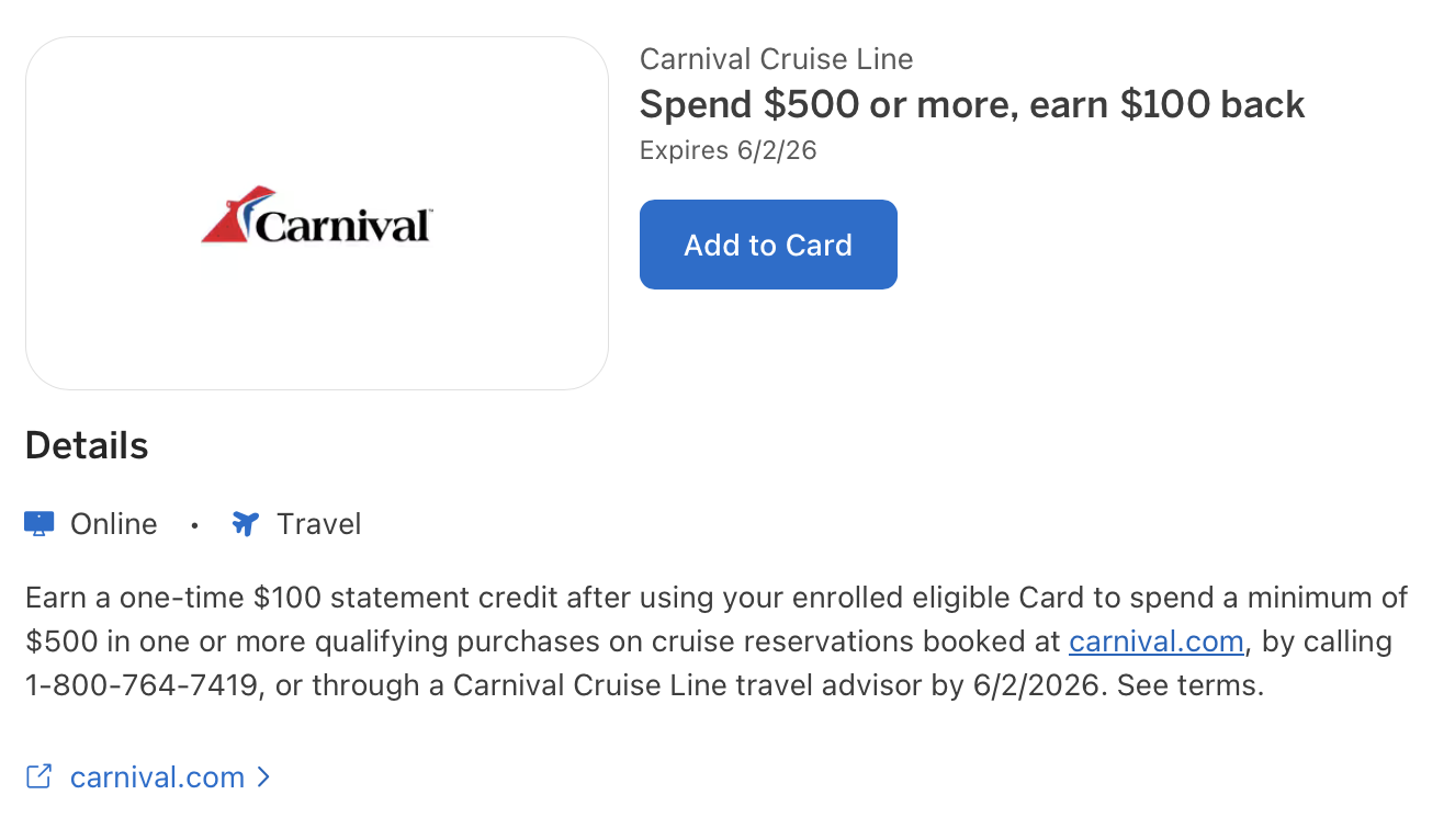 Screenshot of Carnival Amex Offer