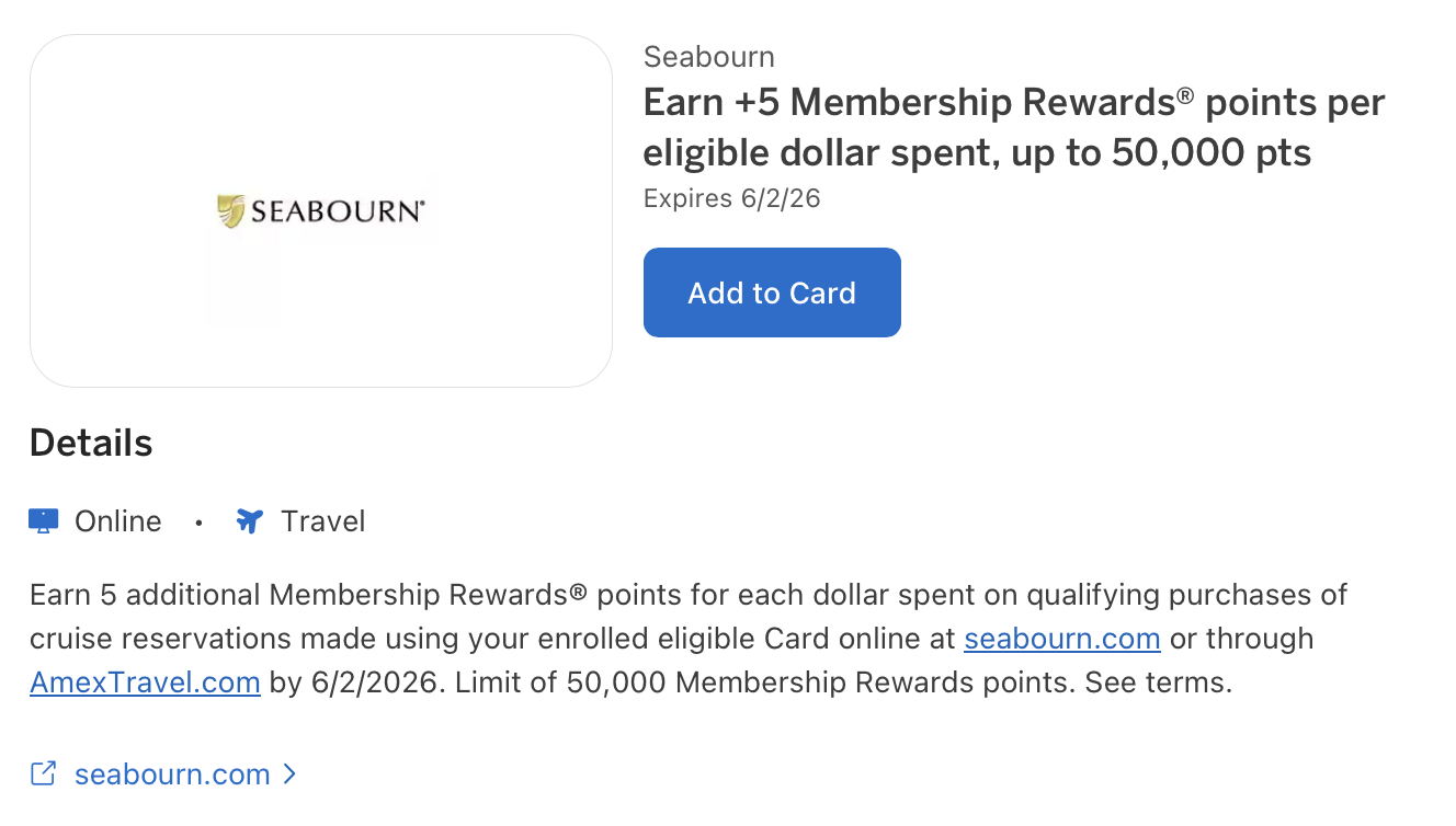 Screenshot of Seabourn Amex Offer
