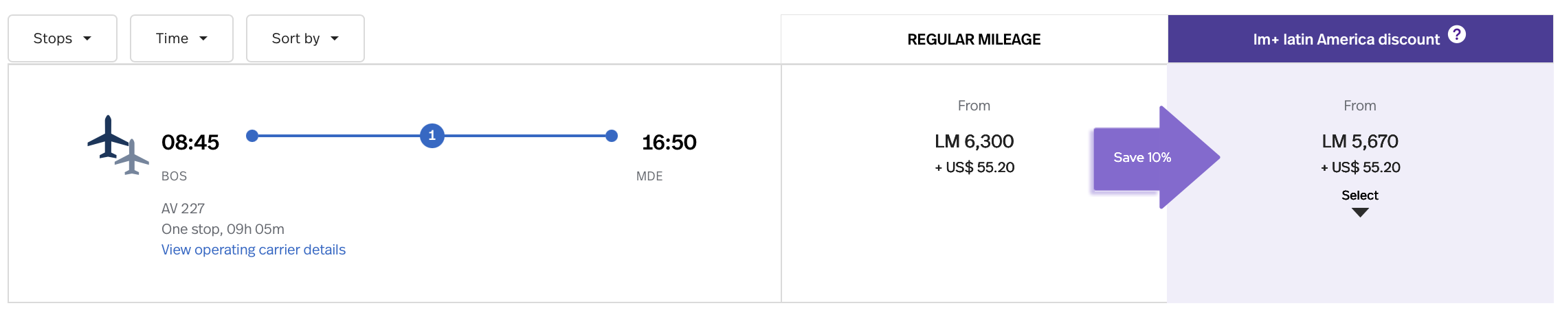 Screenshot of LifeMiles award sale from BOS to MDE