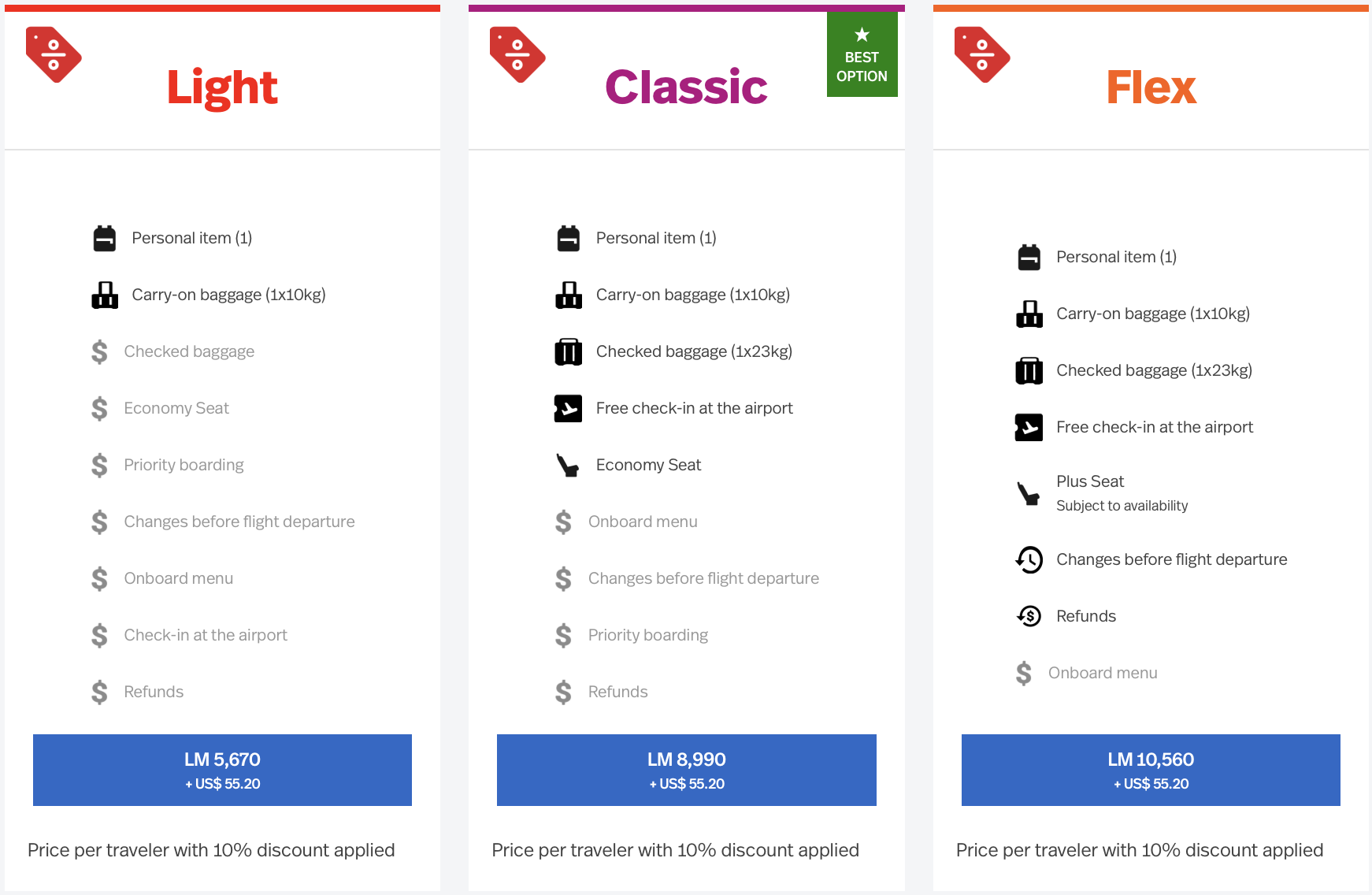 Screenshot of Light, Classic, and Flex fares