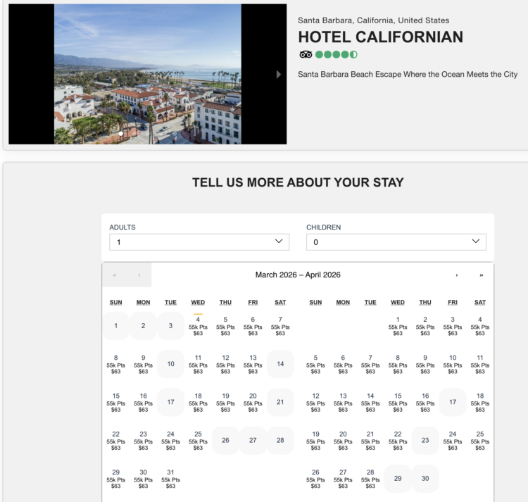 Hotel Californian booking calendar