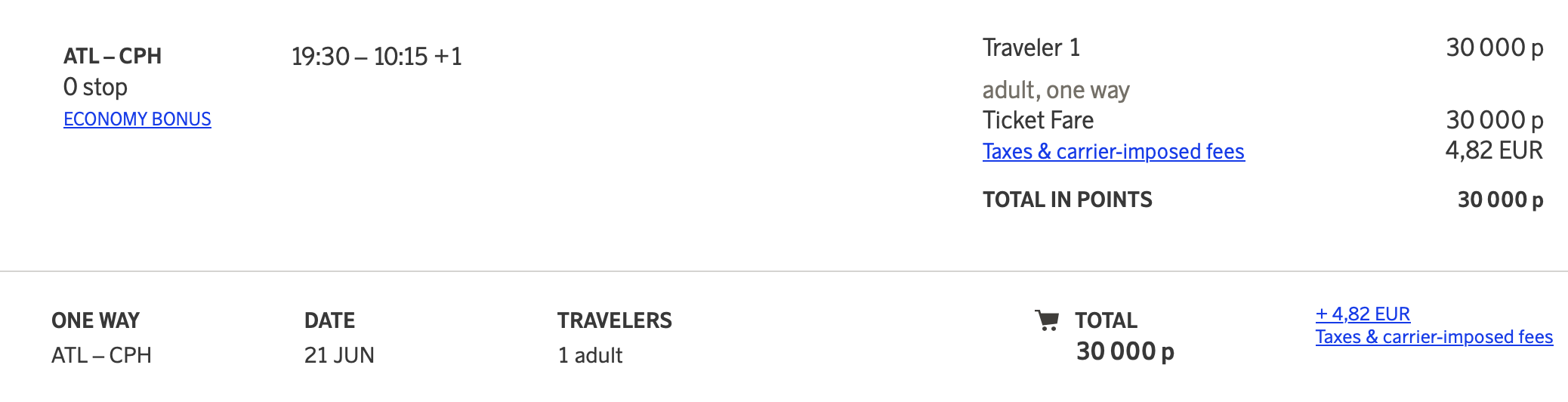Screenshot of SAS award search from ATL to CPH